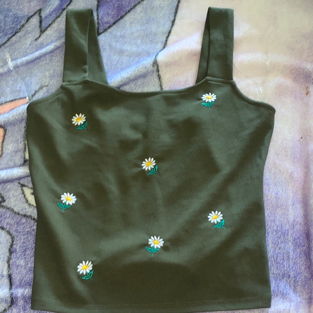 Olive Green Floral Embroidered Women's Tank Top